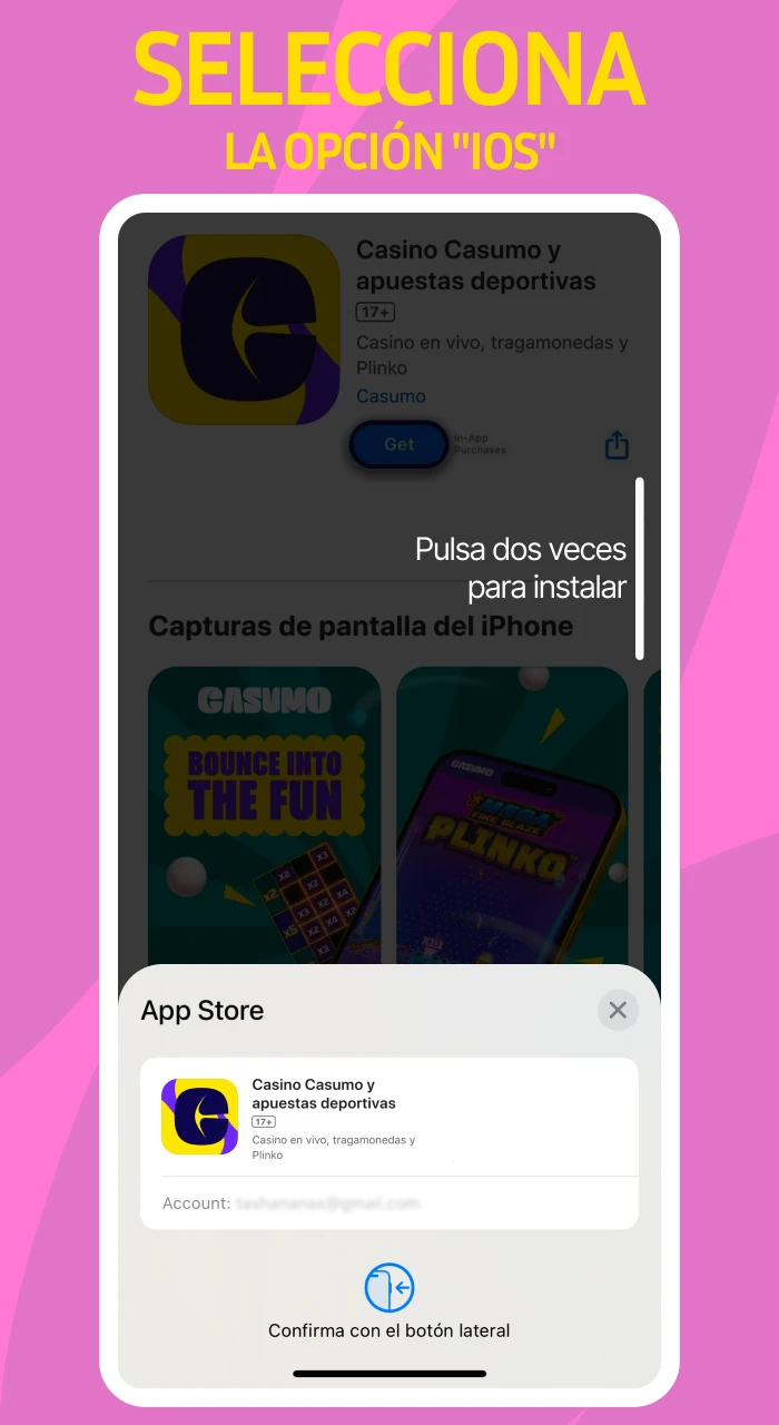 Selecciona la opcion iOS para descargar la aplicacion oficial Casumo compatible con dispositivos Apple.