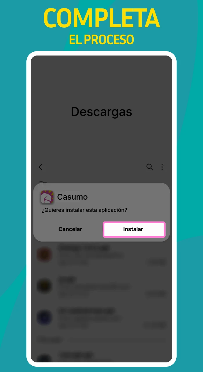 Completa la instalacion de la aplicacion oficial Casumo desde la carpeta de Descargas para empezar a jugar.