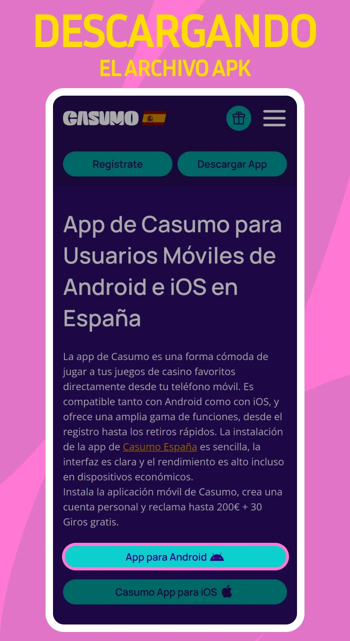 Instrucciones para empezar descargando el archivo APK oficial de Casumo desde el boton de descarga.