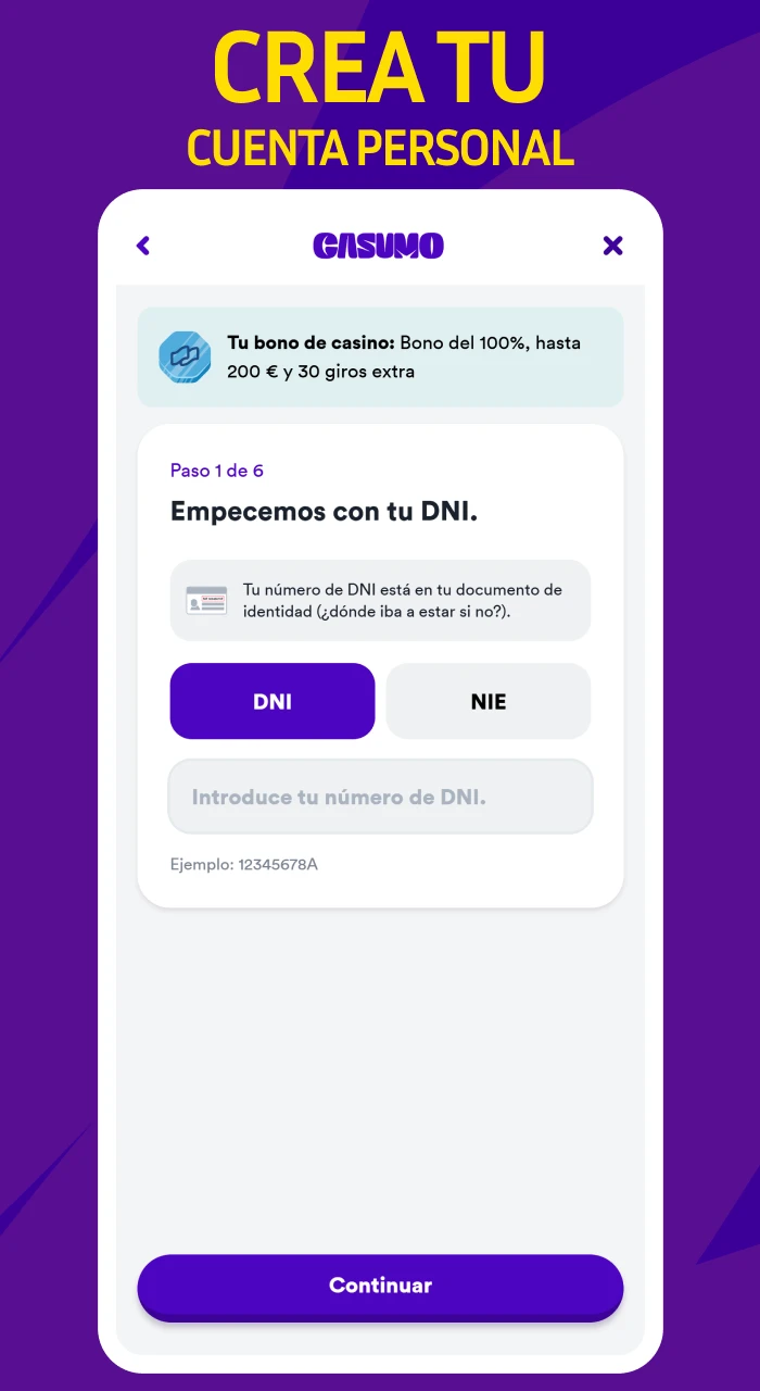 Crea tu cuenta personal en la aplicacion oficial Casumo completando el formulario de registro.