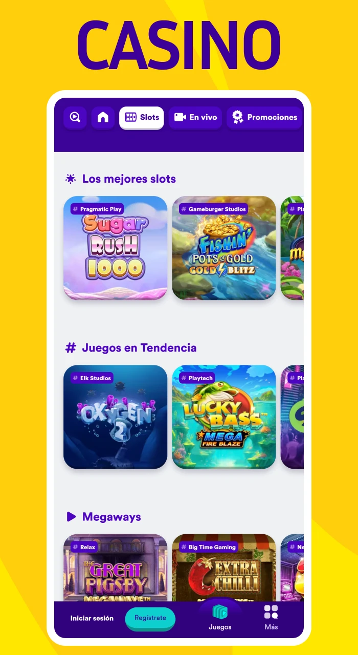 Pantalla del casino oficial Casumo mostrando una variedad de juegos populares para jugadores en Espana.