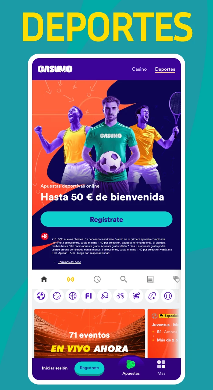 Seccion de apuestas deportivas en el sitio oficial Casumo con multiples eventos y cuotas competitivas.