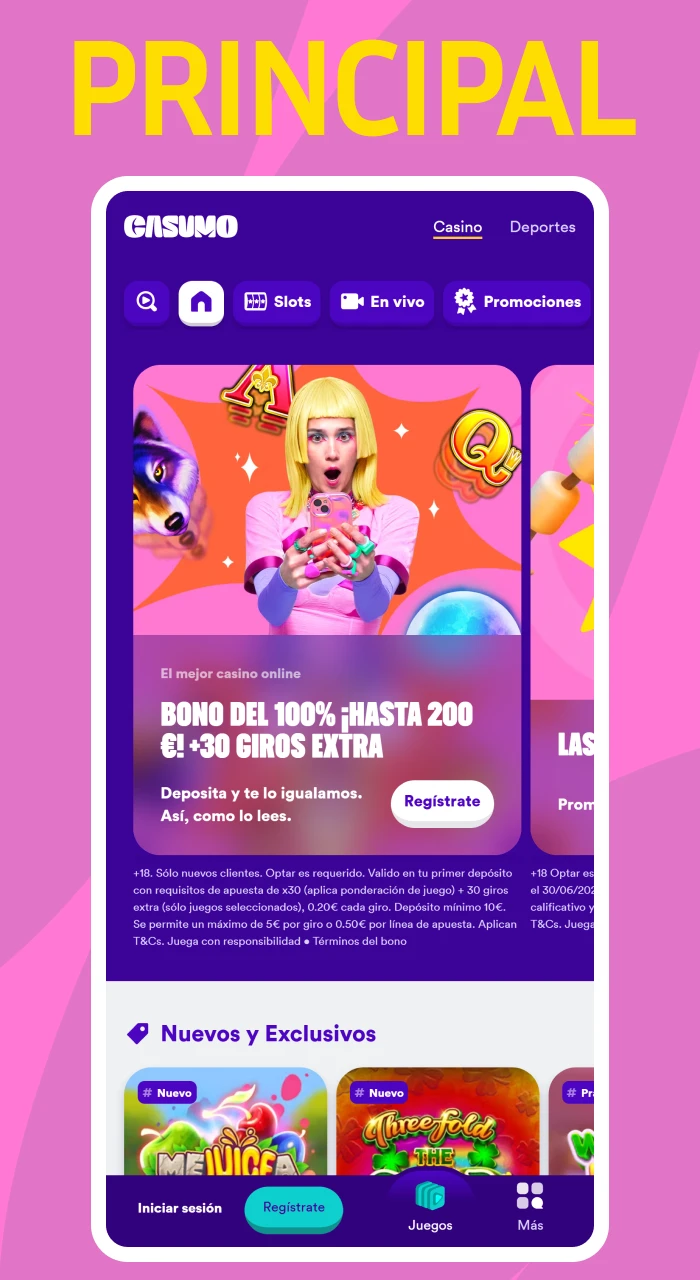 Vista principal del sitio oficial Casumo mostrando juegos, bonos y opciones de apuesta para jugadores.