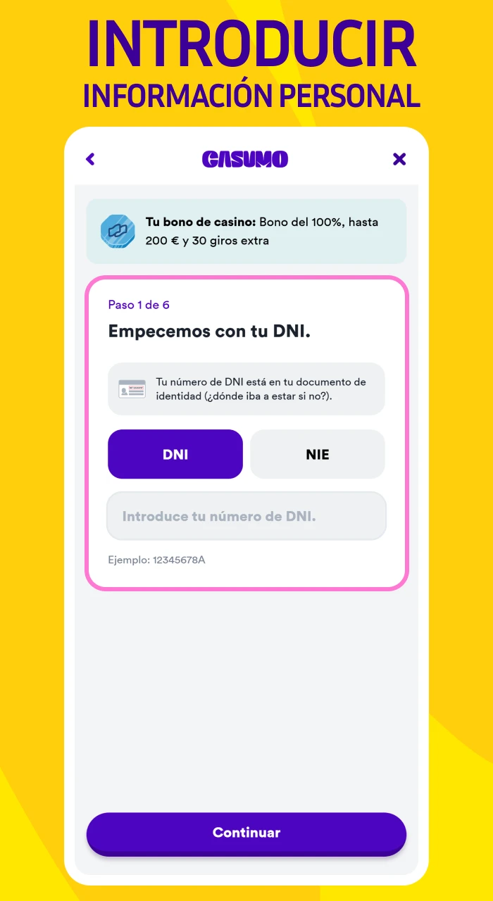 Formulario de registro de Casumo solicitando informacion personal del usuario.